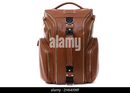 light brown stylish small leather backpack on a white background Stock Photo