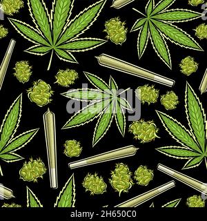 Vector Marijuana Seamless Pattern, square repeating background of marijuana leaves, medicinal cannabis buds, decorative poster with cut out illustrati Stock Vector