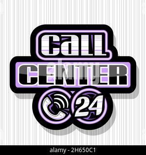 Vector logo for Call Center, black decorative signage with illustration handset in purple circle, unique brush lettering for words call center 24, iso Stock Vector
