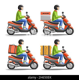 Vector set of Delivery Scooters with courier, collection of 4 cut out illustrations red motor scooter with variety couriers on white background. Stock Vector