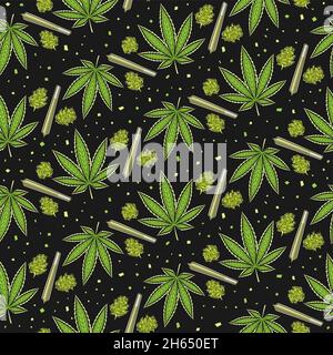 Vector Cannabis Seamless Pattern, square repeating background of cannabis leaves, medicinal marijuana buds, decorative poster with cut out illustratio Stock Vector