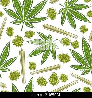 Vector Cannabis Seamless Pattern, square repeating background of cannabis leaves, medicinal marijuana buds, decorative poster with cut out illustratio Stock Vector