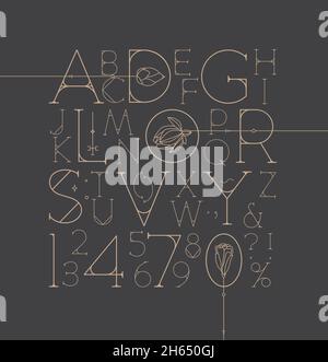 Art Deco alphabet with letters and numbers drawing on gray background Stock Vector