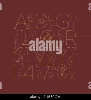 Art Deco alphabet with letters and numbers drawing on red background Stock Vector