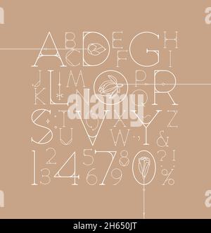 Art Deco alphabet with letters and numbers drawing on beige background Stock Vector