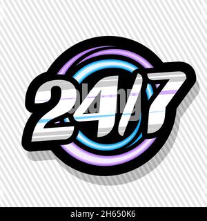 Vector logo 24/7, black isolated signage with illustration colorful circles and unique decorative font for number 24/7, marketing design concept with Stock Vector