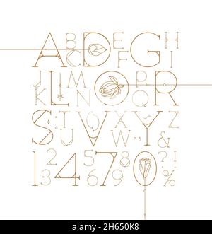 Art Deco alphabet with letters and numbers drawing on white background Stock Vector