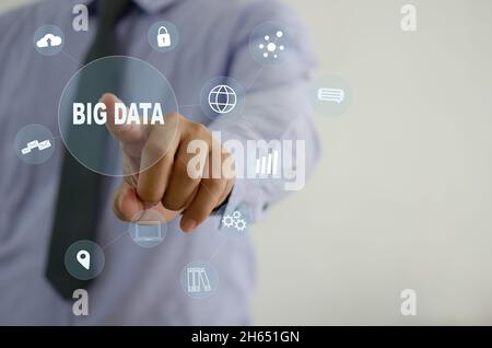 businessman touching icon big data virtual screen. Business technology concept, Business Marketing, Investment and Data Analytics. Copy space Stock Photo
