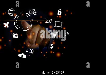 businessman touching digital business icon, Marketing and shopping social online network connection on modern virtual interface. Stock Photo