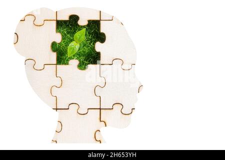 Young plant coming through the missing piece of a female head jigsaw puzzle isolated on white. The concept of going vegan. Stock Photo