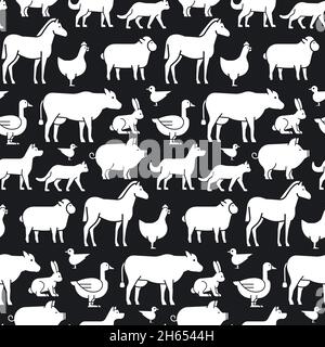 Farm animals black and white seamless pattern. Cute farm characters ...