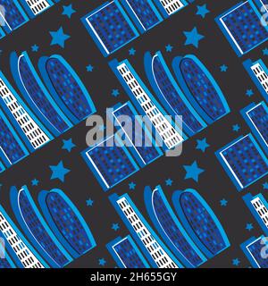 Pattern, endless ribbon on a square background - a stylized night city - graphics. Megalopolis, modern architecture. Design elements - Decoration of covers of notebooks, mobile applications, sites - Wallpapers, textiles, packaging, background for sites or mobile applications Stock Vector