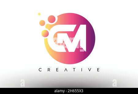 GM Dots Bubbles Letters in a Circle. GM Letter Design Logo with Purple Orange Colors Vector Illustration. Stock Vector