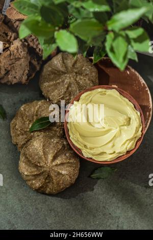 Face and body butter cream. Homemade spa cosmetic recipe. DIY cosmetics. Spa treatments. Selective focus Stock Photo