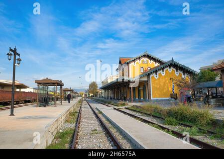 Volos Greece, beautiful old train station. beautiful building of Volos railway station in Thessaly, Greece Stock Photo