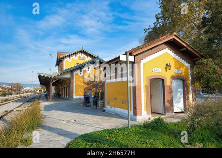 Volos Greece, beautiful old train station. beautiful building of Volos railway station in Thessaly, Greece Stock Photo