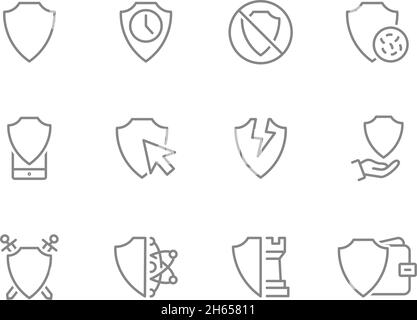 Set of defense line icons. Protective, shield, protection, security, safe and more. Stock Vector