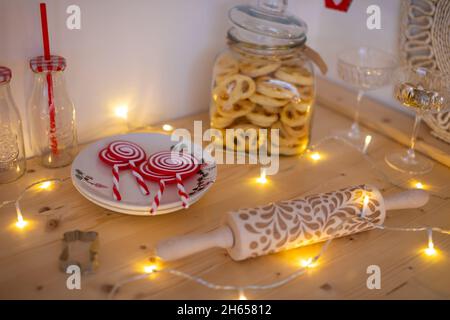 Christmas Cookies homemade on plate on decoration holidays light background Stock Photo