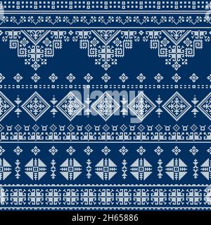 Bosnia and Herzegovina folk art vector seamless pattern styled as the traditional Zmijanje embroidery design in white on navy blue Stock Vector