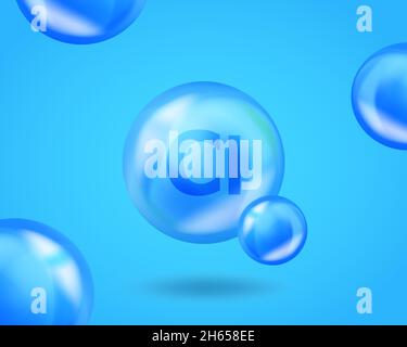 3D Mineral Cl Chlorum drop pill capsule. Blue nutrition design for beauty, cosmetic, heath advertising. Realistic mineral complex Cl Chlorum design. Stock Vector