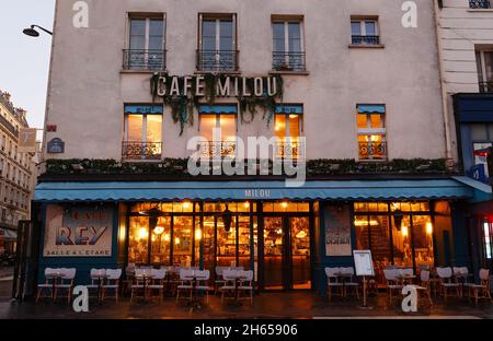 The traditional parisian cafe Milou . It located at Bastille square in Paris, France. Stock Photo