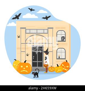 Vector illustration Happy Halloween. Girl wearing festive clothes celebrating Halloween. Female child standing in court in front of door home decorate Stock Vector