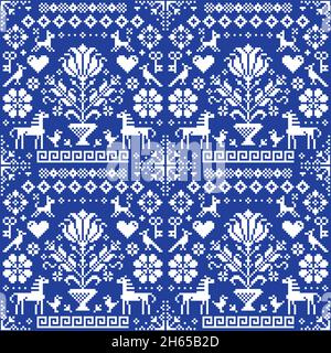 Retro cross-stitch vector seamless pattern with horses and flowers inspired by old German and Austrian style embroidery Stock Vector