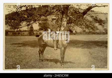 Original early 1900's postcard of man on a horse, Cardiganshire, Wales, dated  June 1912 on reverse. Stock Photo