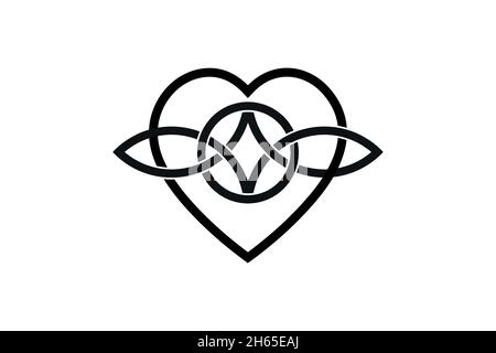 Celtic love knot, intertwined heart shape, Everlasting Love symbol knot. Logo icon Valentines concept, black vector tattoo isolated  white background Stock Vector