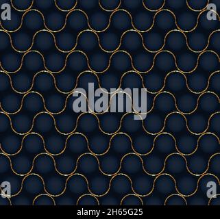 3D dark blue round shape with golden wave lines seamless pattern on black background luxury style. Vector graphic illustration Stock Vector