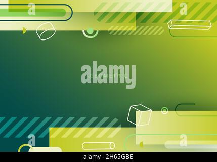 Abstract template green stripes with 3D geometric elements decoration on green light background. Vector graphic illustration Stock Vector