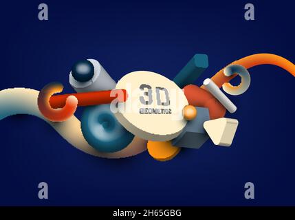 Set of 3D realistic geometric group object elements decoration on blue background with space for your text. Vector graphic illustration Stock Vector