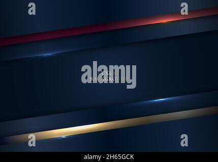 3D modern luxury template design with shiny blue, red diagonal stripes and golden line light sparking on dark blue background. Luxury premium style. V Stock Vector