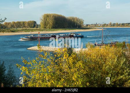 Germany, Monheim am Rhein, Rhine, Bergisches Land, Niederbergisches Land, Niederberg, Rhineland, North Rhine-Westphalia, NRW, Rhine landscape, view to the Rhine bank of Dormagen, freighter Stock Photo