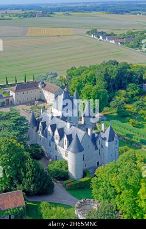 The Château du Rivau is a castle-palace in Lémeré (Indre-et-Loire), in the Touraine region, France. (aerial view) Stock Photo