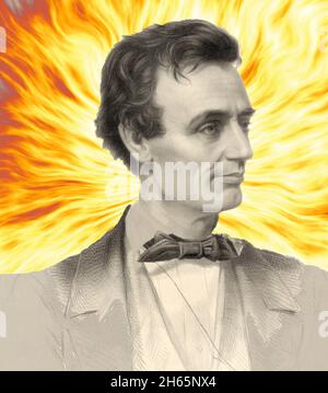 Mixed Media portrait of a young Abraham Lincoln against a fiery background Stock Photo