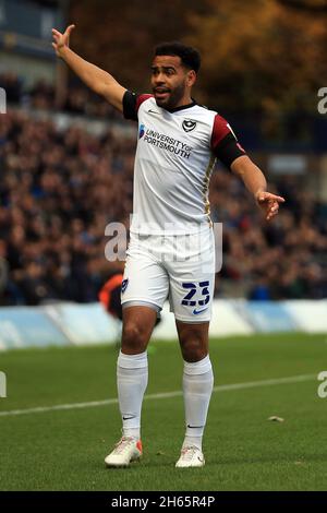 High Wycombe, UK. 13th Nov, 2021. Louis Thompson of Portsmouth reacts during the game. EFL Skybet football league one match, Wycombe Wanderers v Portsmouth at Adams Park Stadium in High Wycombe, Buckinghamshire on Saturday 13th November 2021 . this image may only be used for Editorial purposes. Editorial use only, license required for commercial use. No use in betting, games or a single club/league/player publications. pic by Steffan Bowen/Andrew Orchard sports photography/Alamy Live news Credit: Andrew Orchard sports photography/Alamy Live News Stock Photo