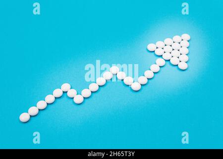 Global Pharmaceutical Industry and Medicinal Products - Upward Arrow Made from White Pills on Blue Background Stock Photo