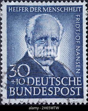 GERMANY - CIRCA 1953: a postage stamp printed in Germany showing an image of Fridtjof Nansen, circa 1953. Stock Photo