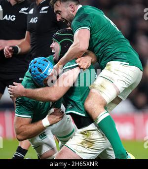 Ireland's Caelan Doris celebrates scoring a try during the Quilter