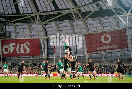 Ireland's James Ryan wins a line out during the Autumn International match at Aviva Stadium, Dublin. Picture date: Saturday November 13, 2021. Stock Photo