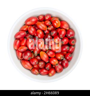 Fresh wild rose hips, in a white bowl. Also known as rose haw or rose hep. Ripe and intense red fruits, used for herbal teas, jam and can be eaten raw Stock Photo