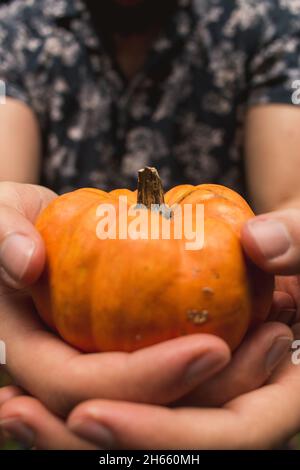Fashionable hispanic young man holding mini-pumpkin on autumn leaves Stock Photo