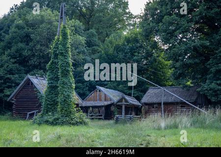 Sobotka, Poland - July 6, 2021: A complex of historic wooden cottages and a well, Bedkowice Archeological Reserve, Sobotka. Stock Photo