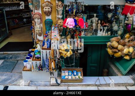 Athens, Greece - November 09, 2021 Closeup of traditional decorative objects sold in souvenirs shops located in the downtown of Athens Stock Photo