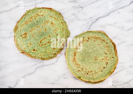 Close-up of green pancakes with spinach Stock Photo