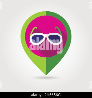 Sunglasses flat mapping pin icon with long shadow, eps 10 Stock Vector