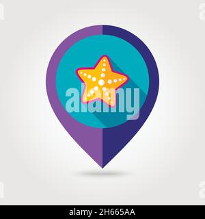 Starfish flat mapping pin icon with long shadow, eps 10 Stock Vector
