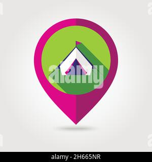 Tent flat mapping pin icon with long shadow, eps 10 Stock Vector