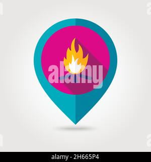 Bonfire flat mapping pin icon with long shadow, eps 10 Stock Vector